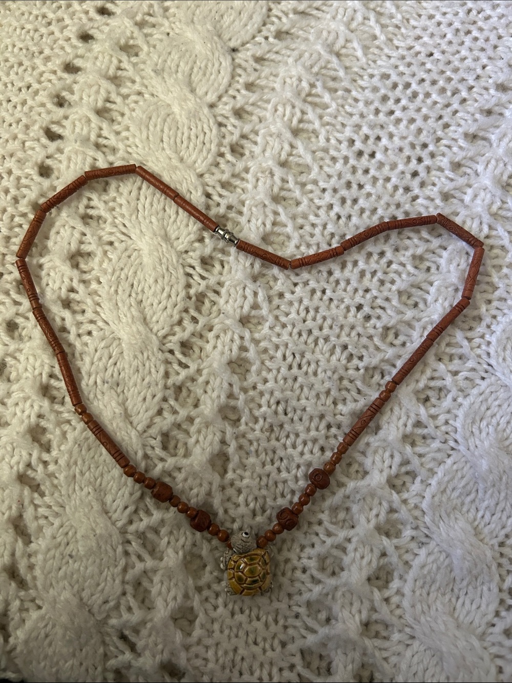 Vintage LEPS Green Ceramic Turtle Necklace Wood Beads Screw Clasp 17.5”